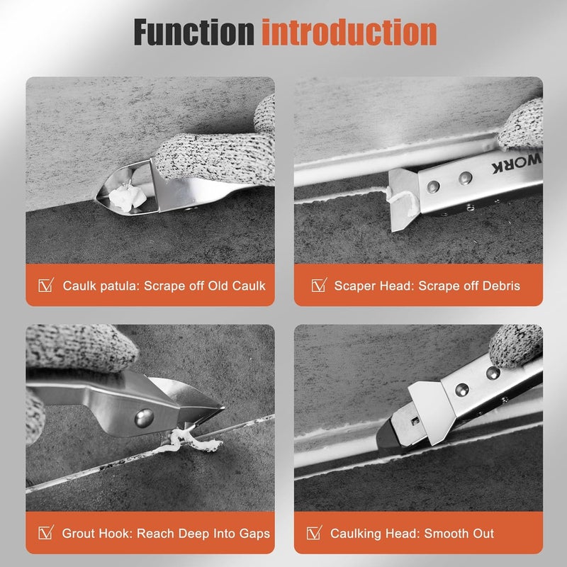 Matework Caulking Tool Kit, Stainless Steel Caulk Remover Caulking Tool Set with Cut Resistant Gloves, Scraper, Silicone Caulking Tools, 4 in 1 Caulking Finishing Tool for Bathroom Kitchen Living Room - Image 3
